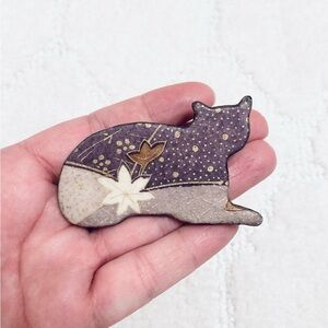 Vintage wooden hand painted purple and gold celestial style cat brooch folk art